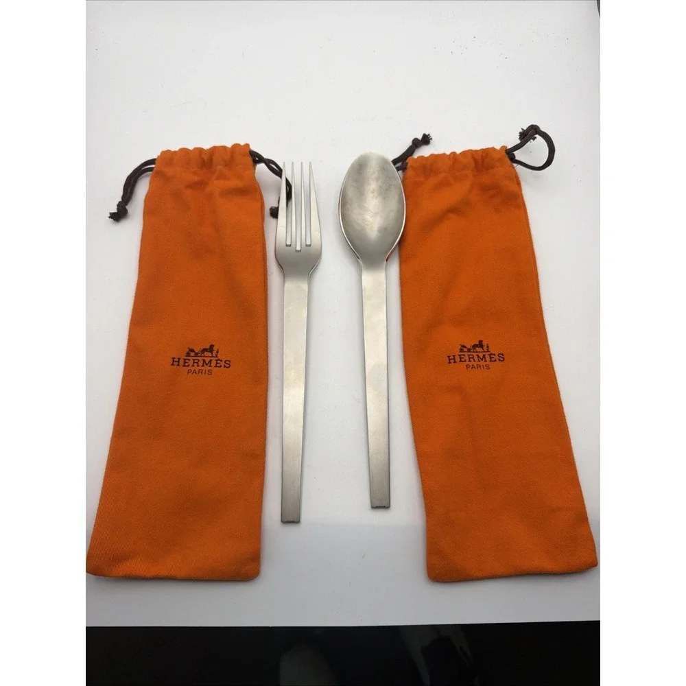 Hermes Paris Stainless Steel Flatware Dinner Fork Spoon Set w/ Orange Pouches